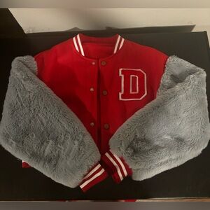 Red and Gray Varsity Jacket with Faux Fur Sleeves